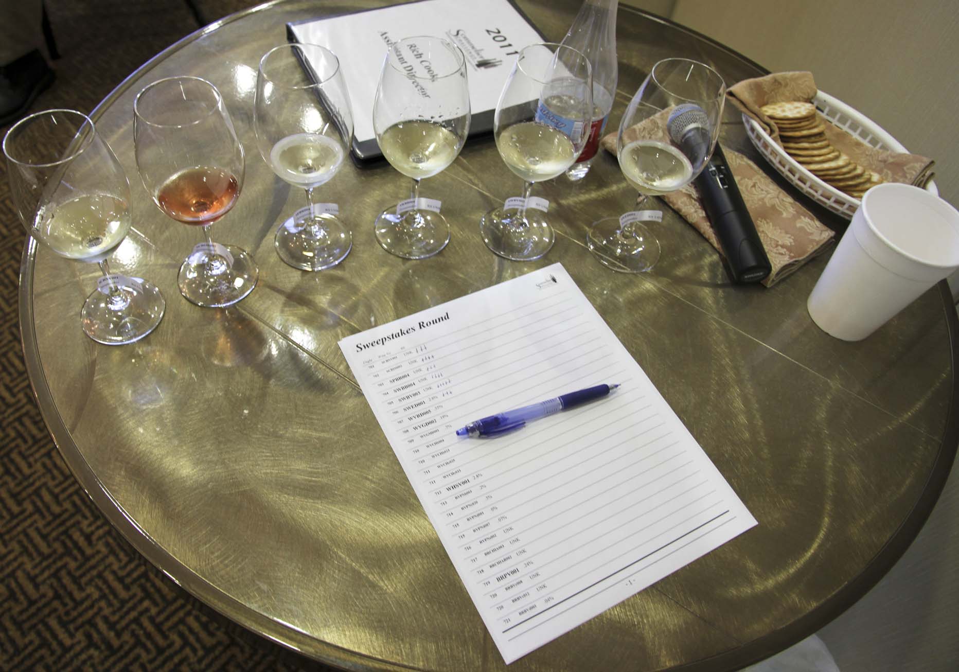 The setup for the judges in the championship round of tasting at Sommelier Challenge III.