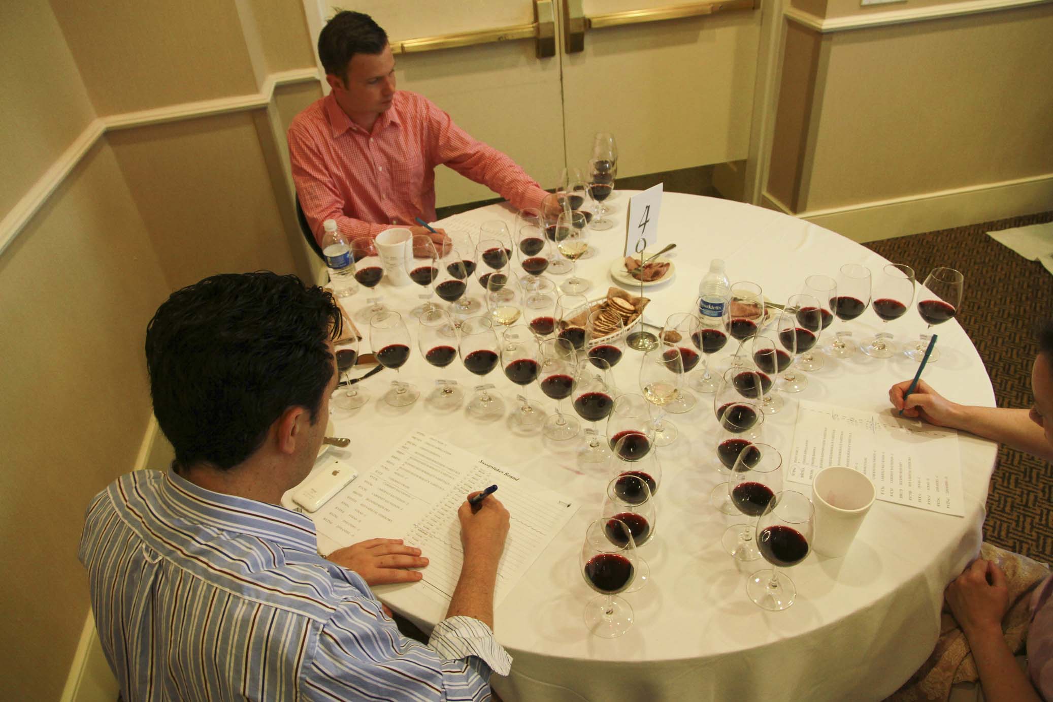 Judges Brian Donegan (left) of Market in Del Mar with Jesse Becker MS of San Francisco tasting in the championship round.
